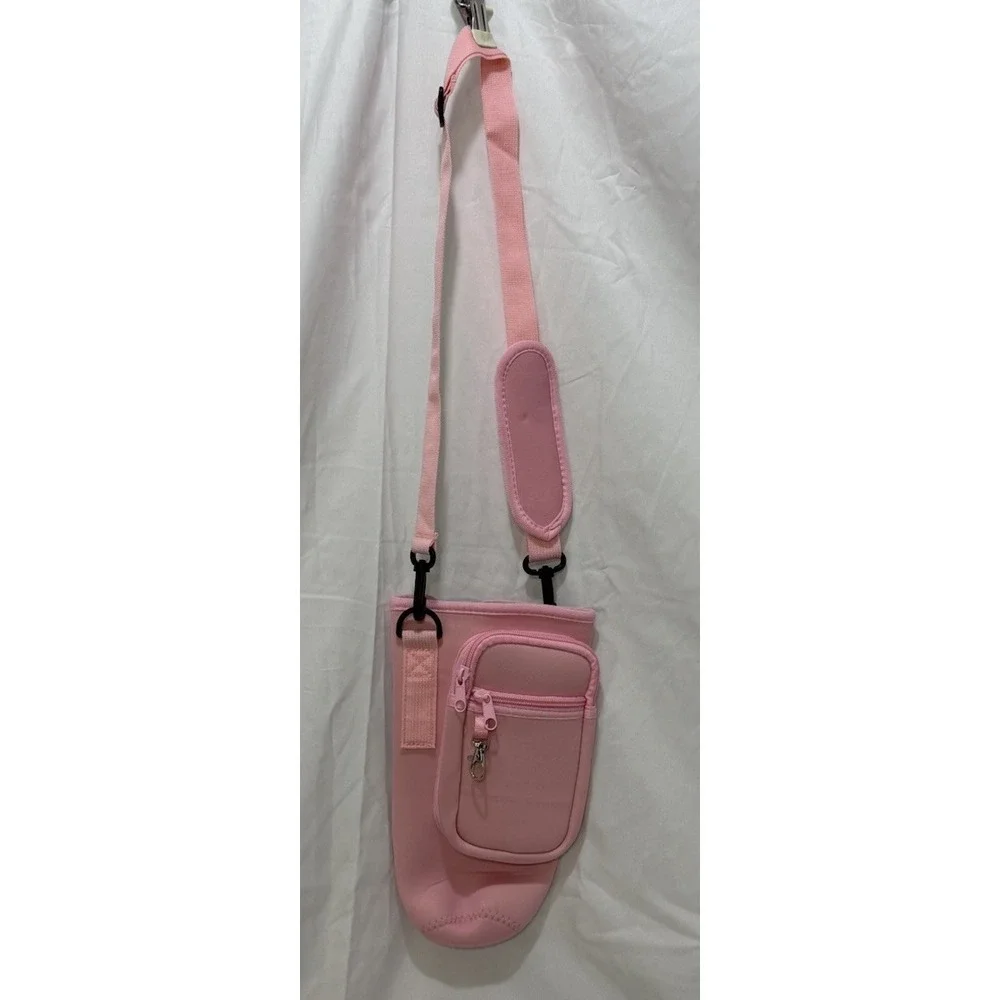 Water Bottle Carry Bag Sleeve Holder with Strap and Phone Pockets & Cards Pink